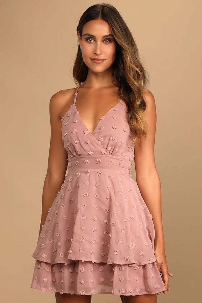 Summer Sexy Cami Dress Women Ruffled V neck Jacquard Texutured Dress