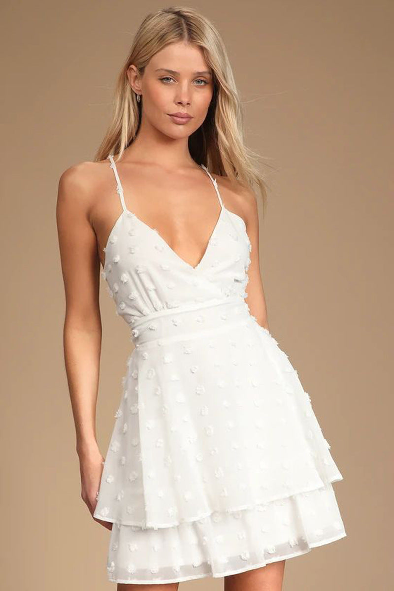 Summer Sexy Cami Dress Women Ruffled V neck Jacquard Texutured Dress