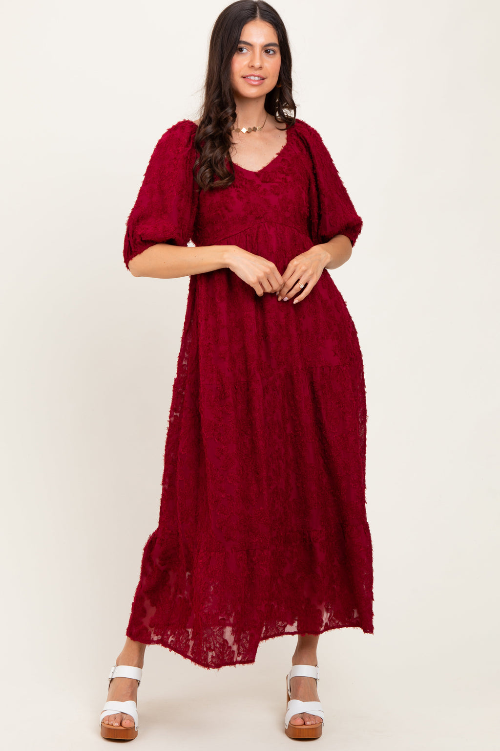 Burgundy Textured Tiered Maternity Midi Dress