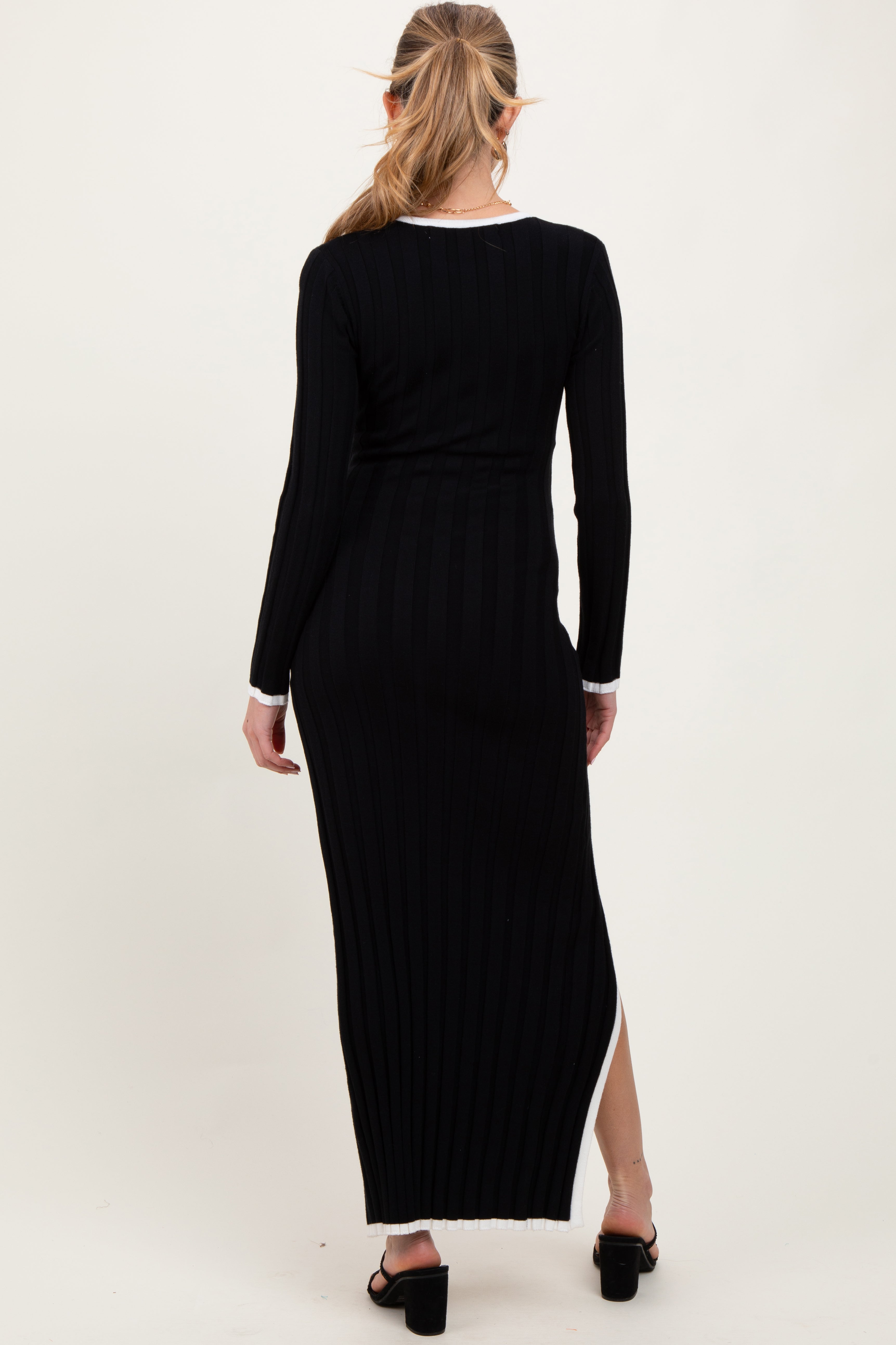 Black Wide Ribbed Knit Side Slit Maternity Maxi Dress