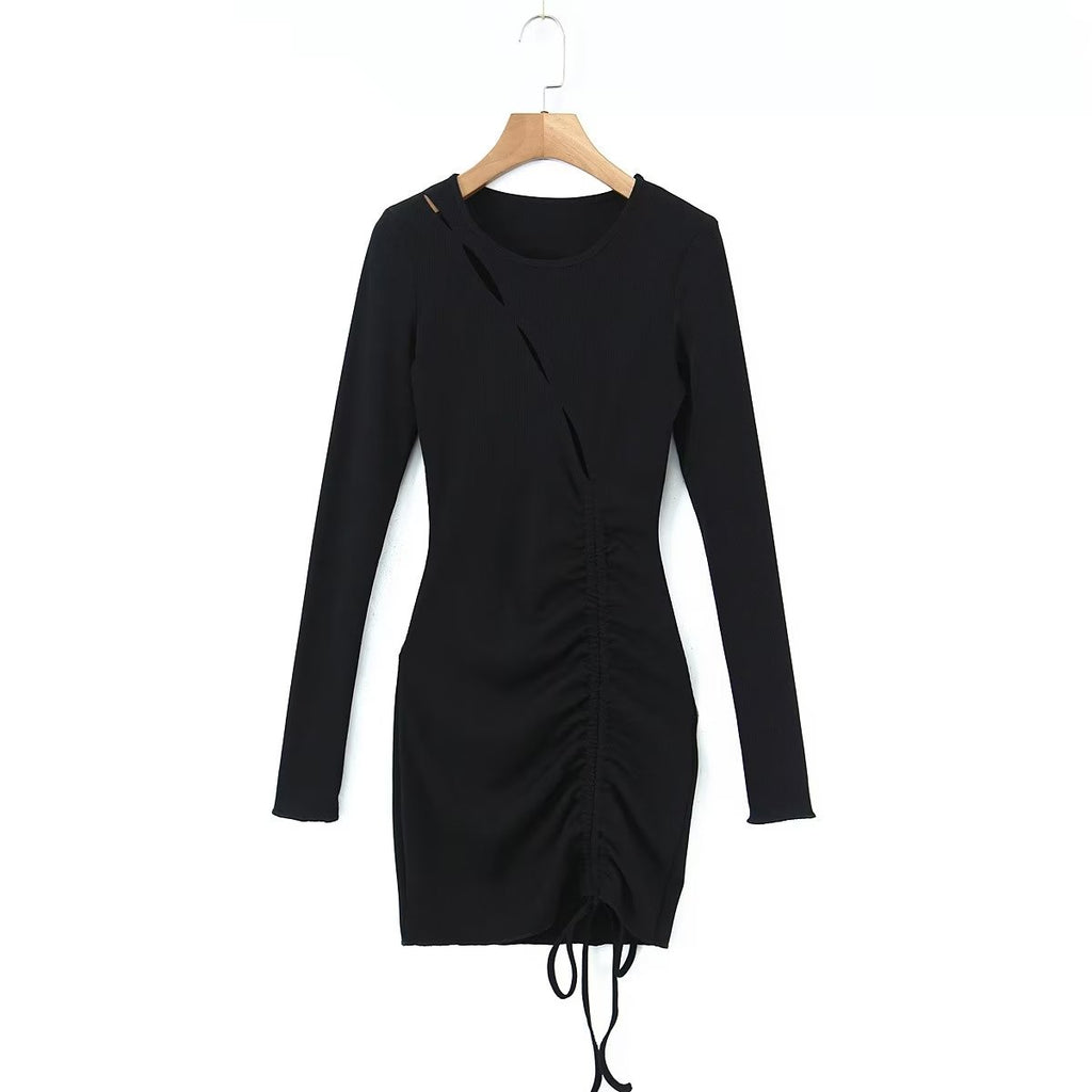 Women Clothing Spring Sexy Hollow Out Drawstring Lace Knitted Dress Hip Dress