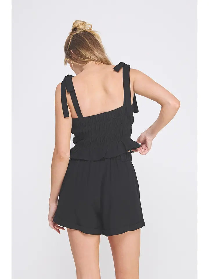 Soft Linen Smocked Tank Top with Adjustable Tie Straps in Black