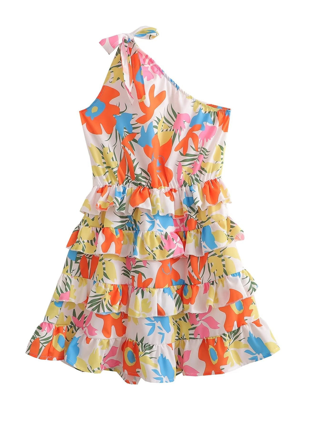 Women Clothing Laminated Decoration Shoulder Lace up One Shoulder Dress Short