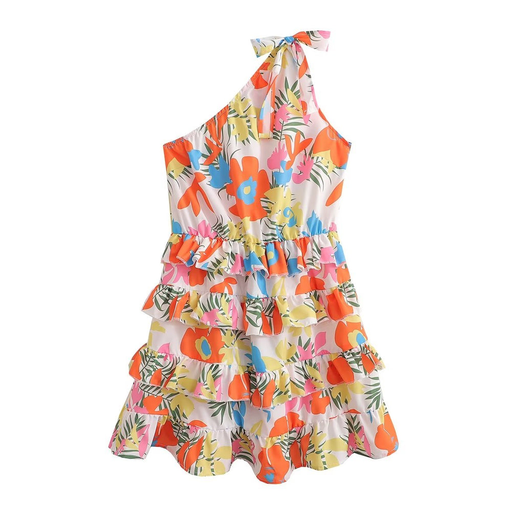 Women Clothing Laminated Decoration Shoulder Lace up One Shoulder Dress Short