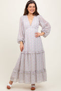 Ivory Floral Chiffon V-Neck Ruffle Tiered Maxi Dress