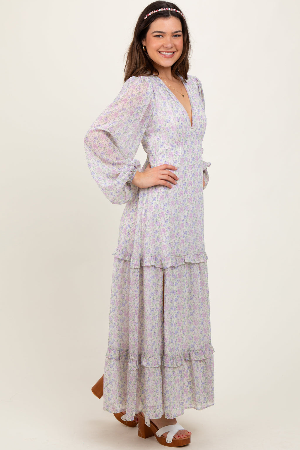 Ivory Floral Chiffon V-Neck Ruffle Tiered Maxi Dress