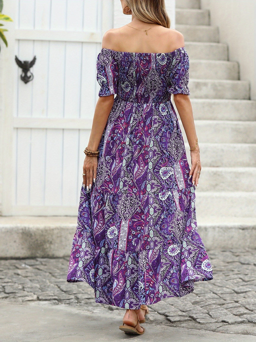Women’s Paisley Off-Shoulder Smocked Maxi Dress - Image 3