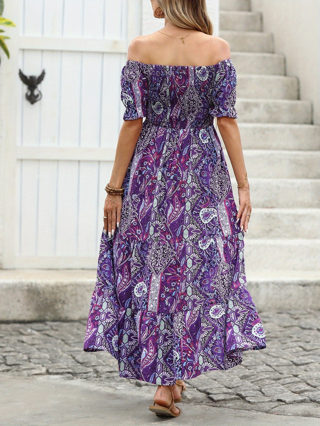 Women’s Paisley Off-Shoulder Smocked Maxi Dress - Image 3