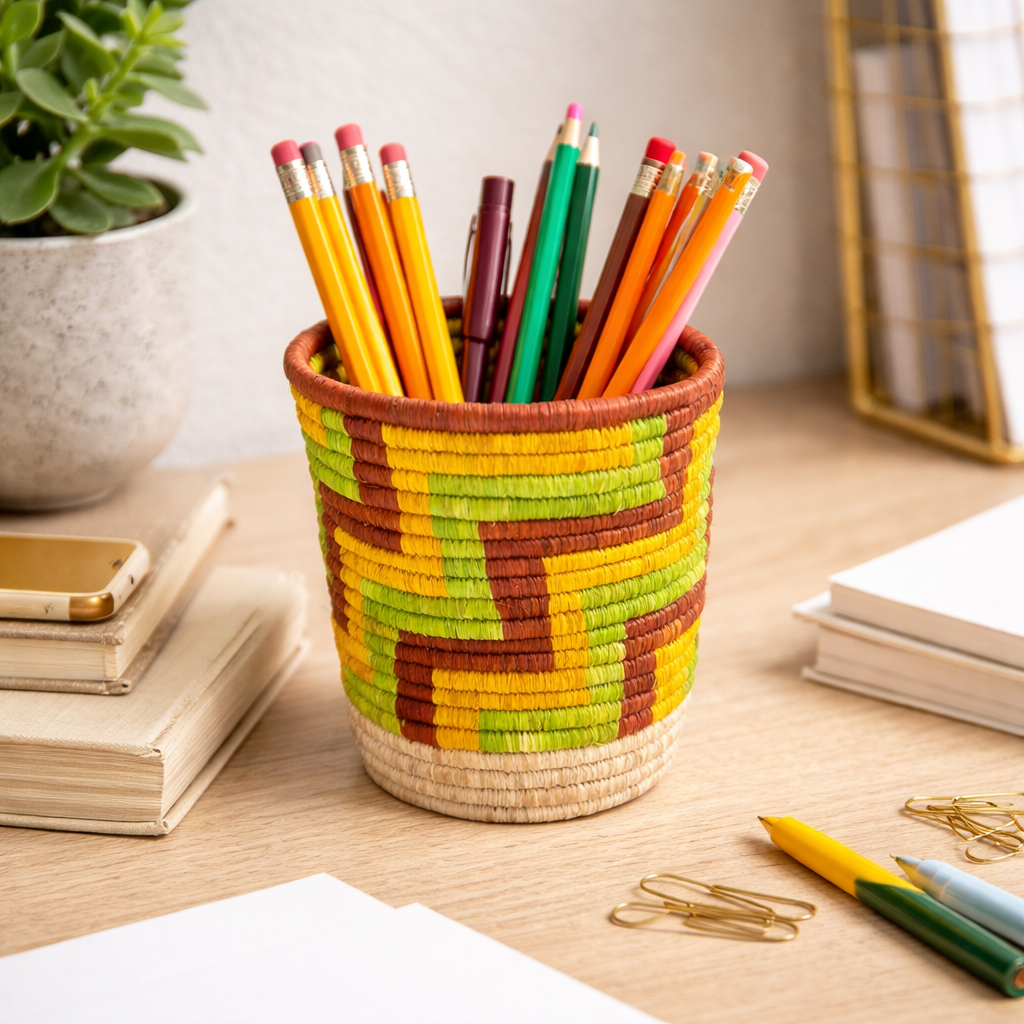 Handwoven Ugandan Pencil Basket in Geometric Yellow and Red