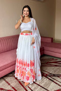 Floral Print White Georgette Lehenga Choli with Dupatta