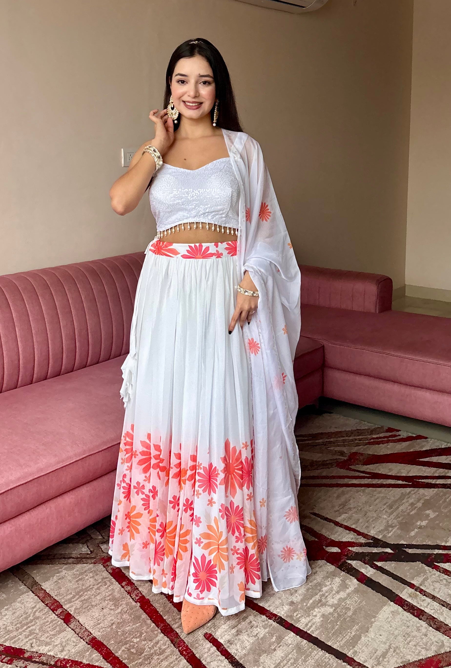 Floral Print White Georgette Lehenga Choli with Dupatta
