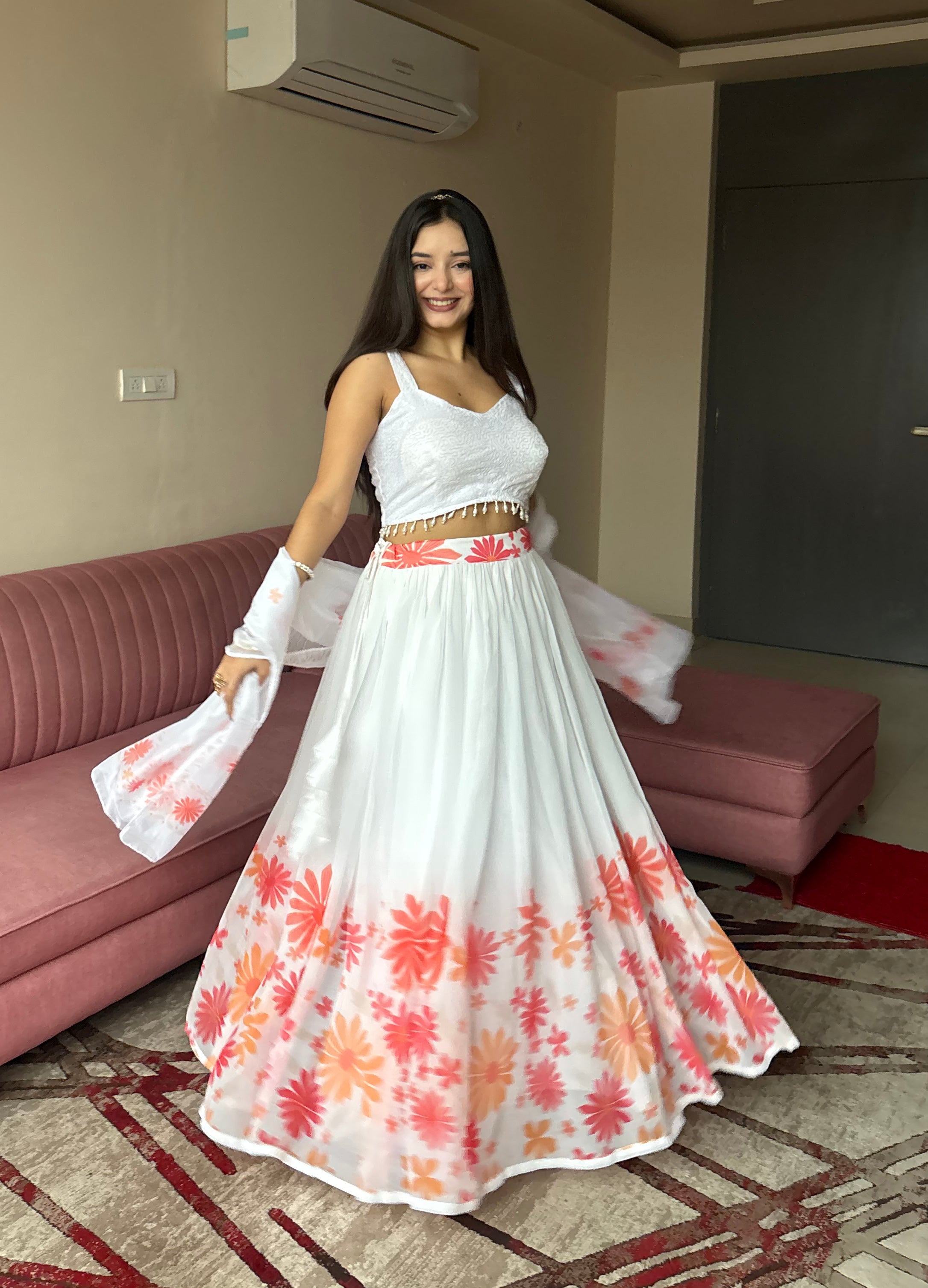 White georgette lehenga with floral print design and matching dupatta