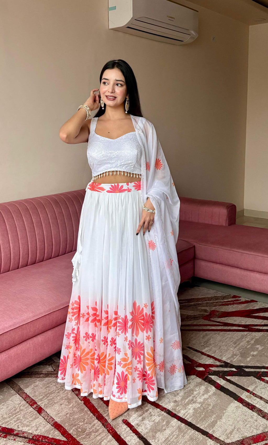 Floral Print White Georgette Lehenga Choli with Dupatta