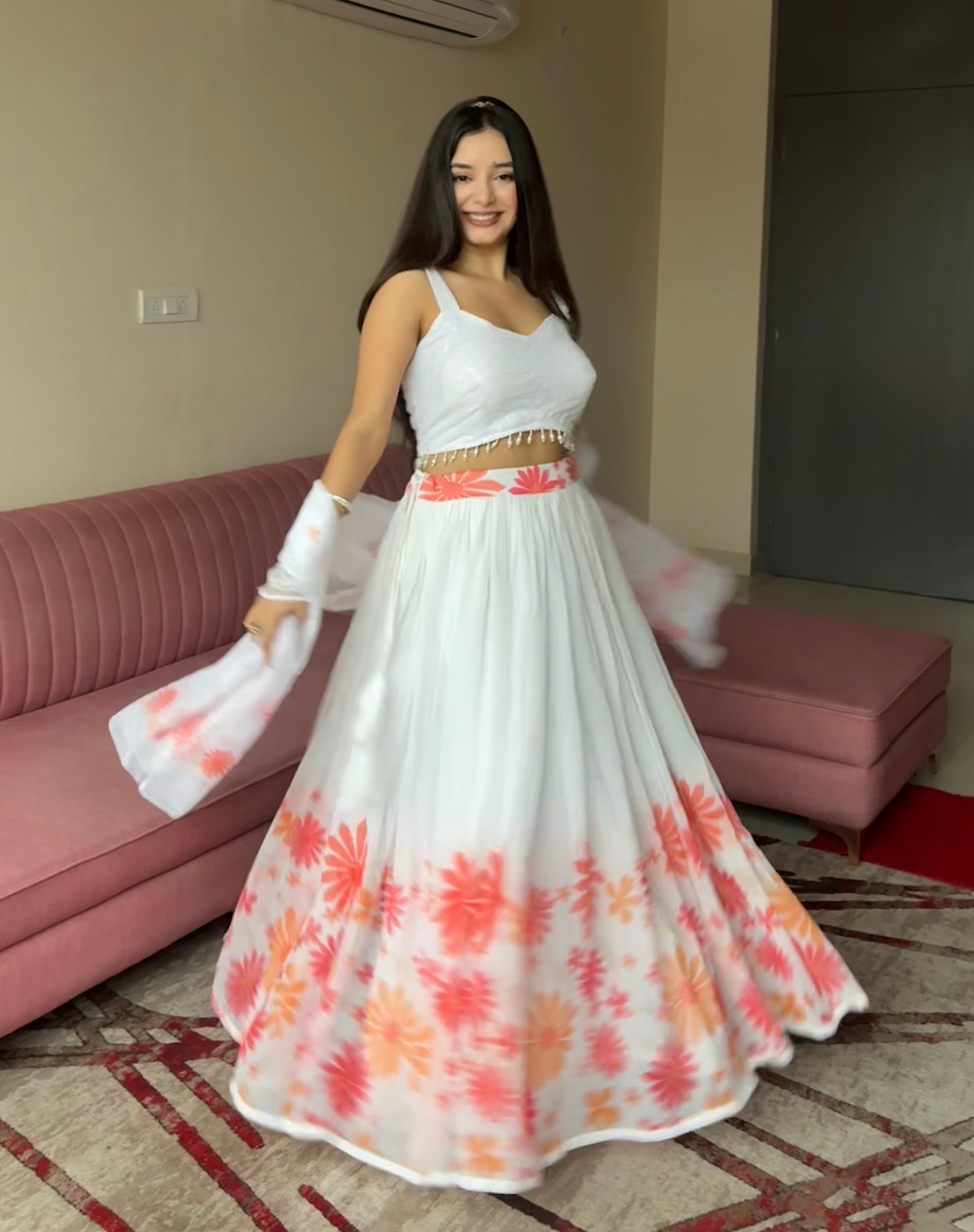 Floral Print White Georgette Lehenga Choli with Dupatta