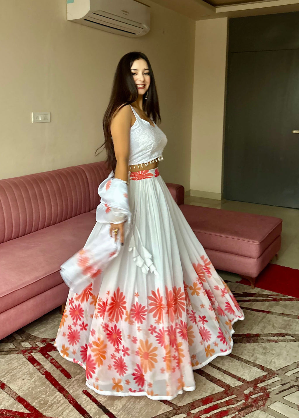 Floral Print White Georgette Lehenga Choli with Dupatta