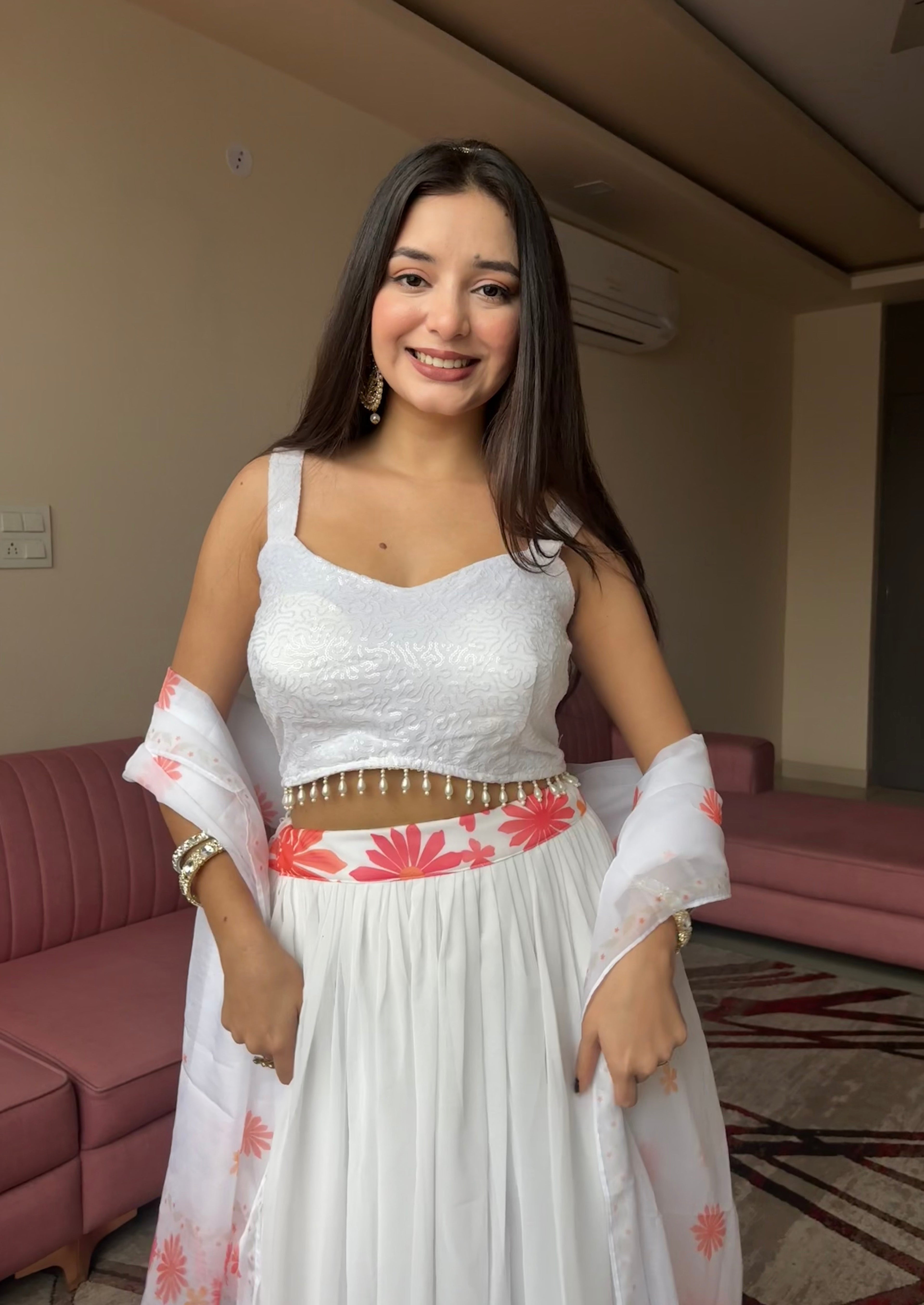 Floral Print White Georgette Lehenga Choli with Dupatta