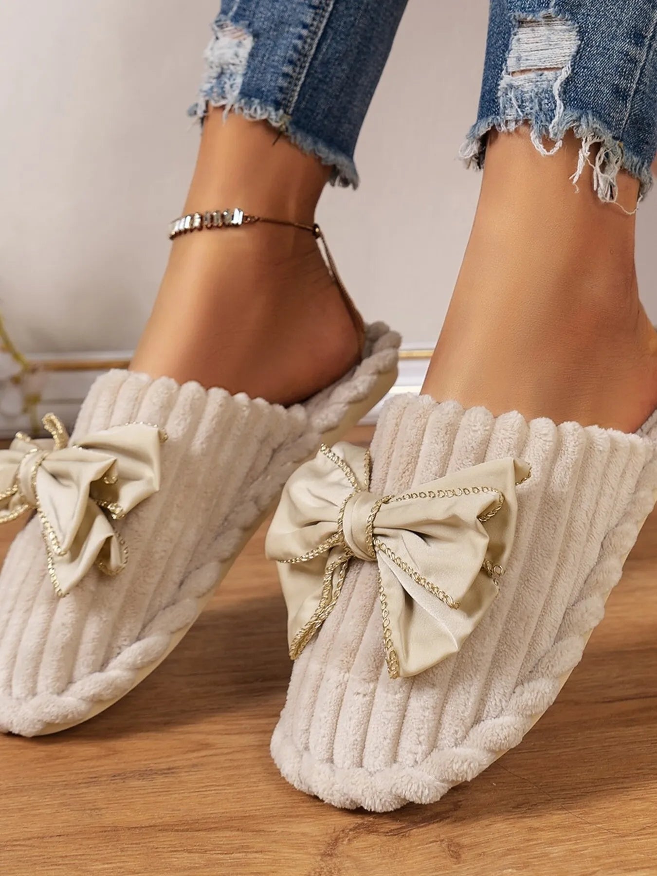 Bow Embellished Indoor Slippers | Soft Cotton Loungewear
