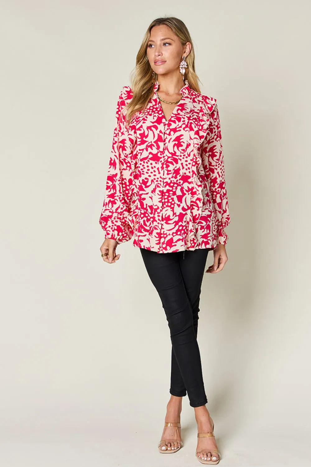 Printed Ruffle Trim Balloon Sleeve Shirt | Buttoned Blouse