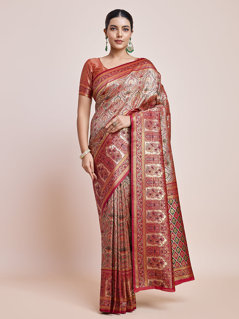 Maroon Dharmavaram silk saree with gold and silver zari detailing