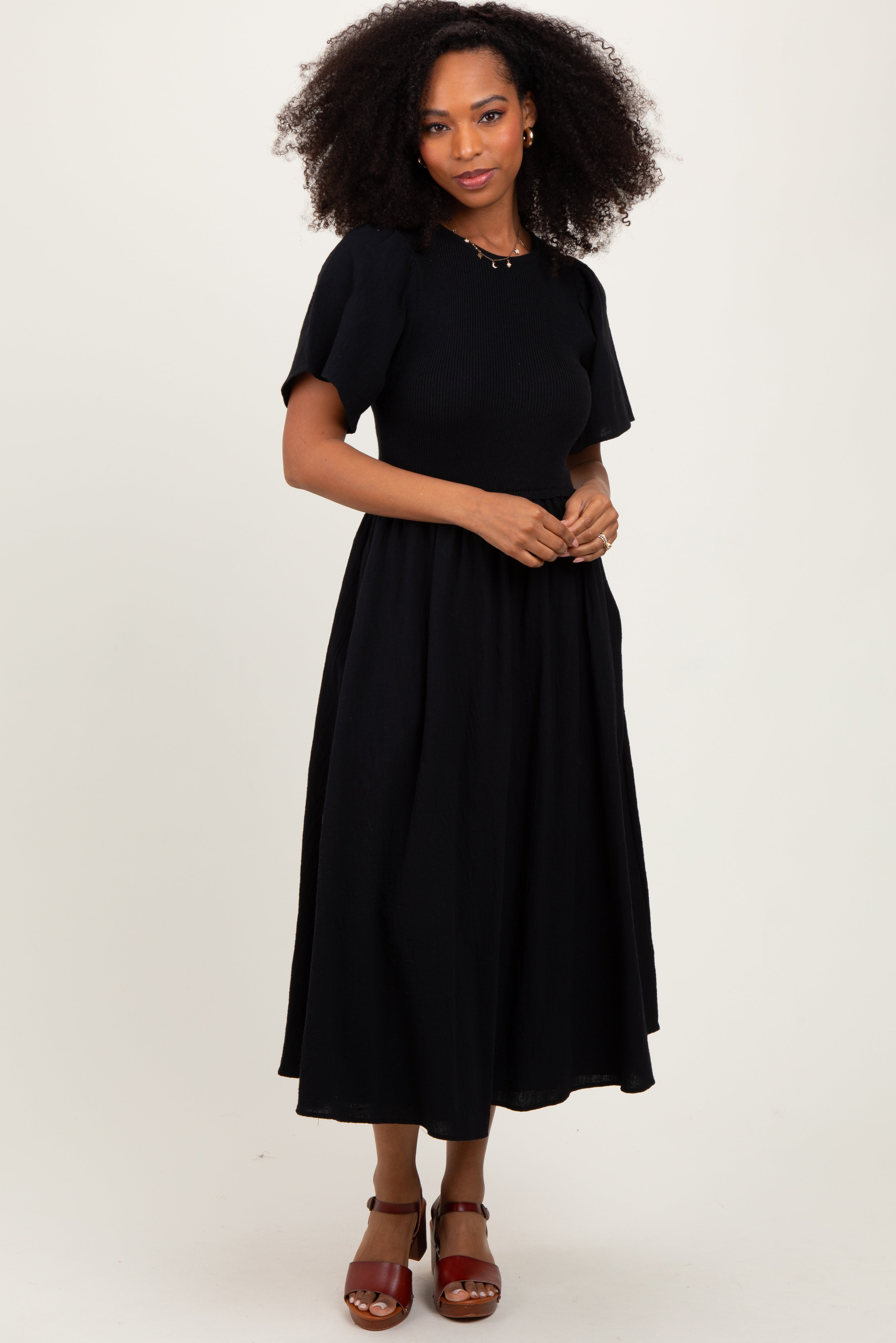 Black Ribbed Knit Contrast Top Midi Dress