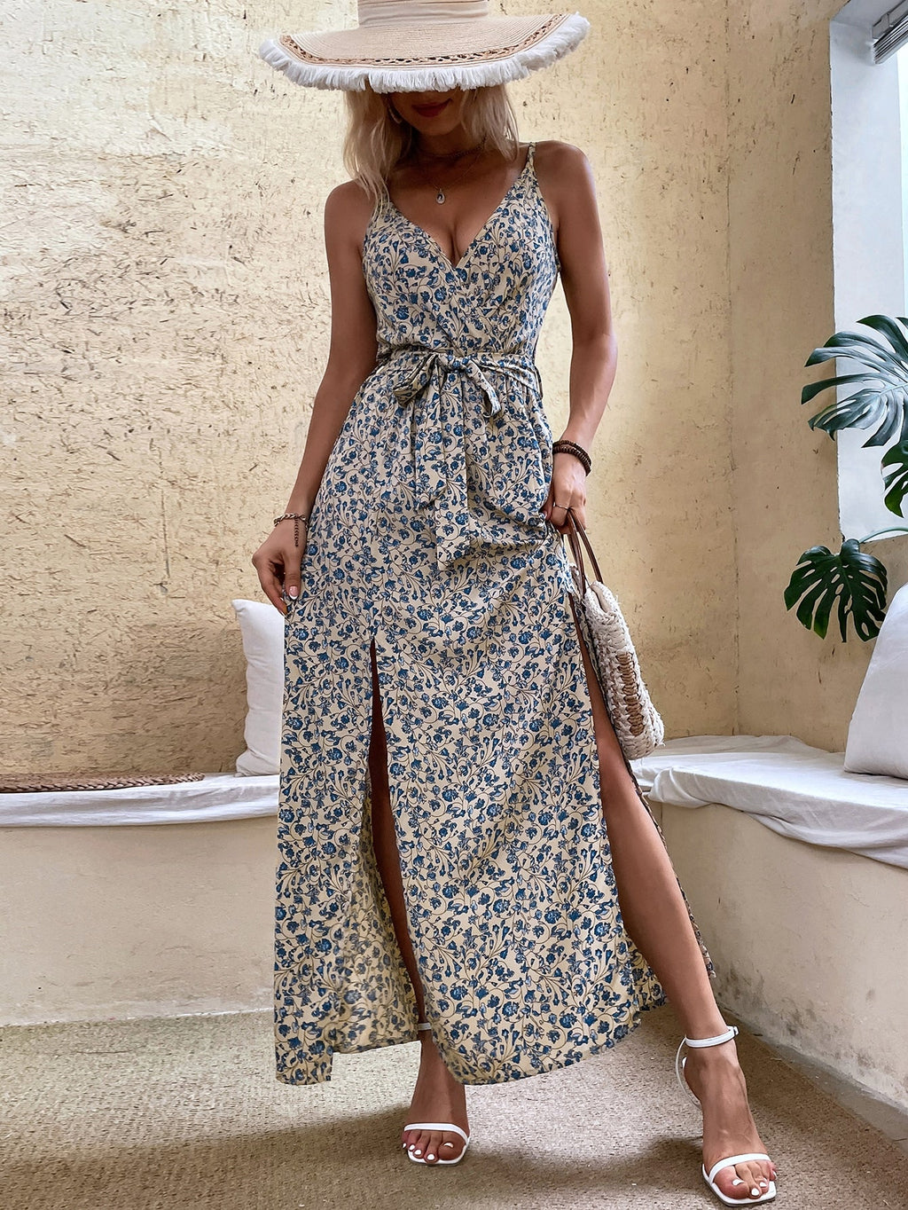 Women Summer V Neck Belt Print Sling Dress