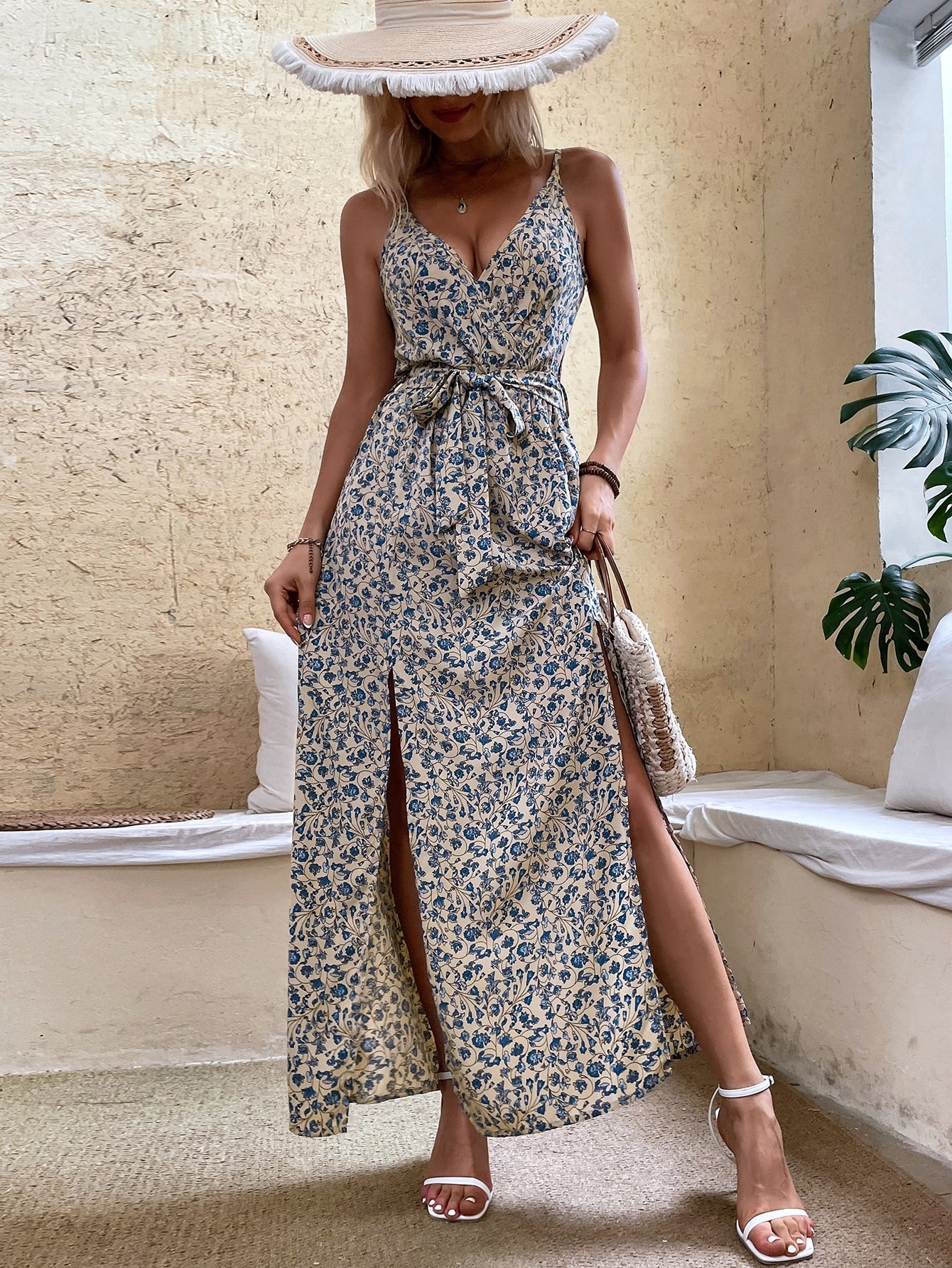 Women Summer V Neck Belt Print Sling Dress