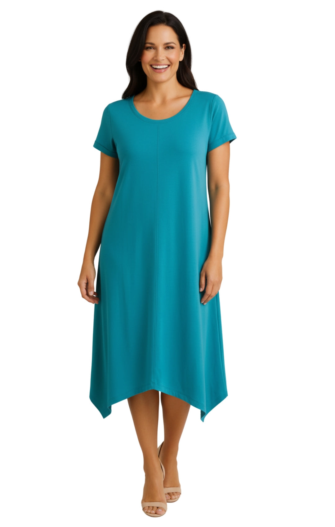 Women's Short Sleeve A-Line Midi Knit Dress with Asymmetrical Hem