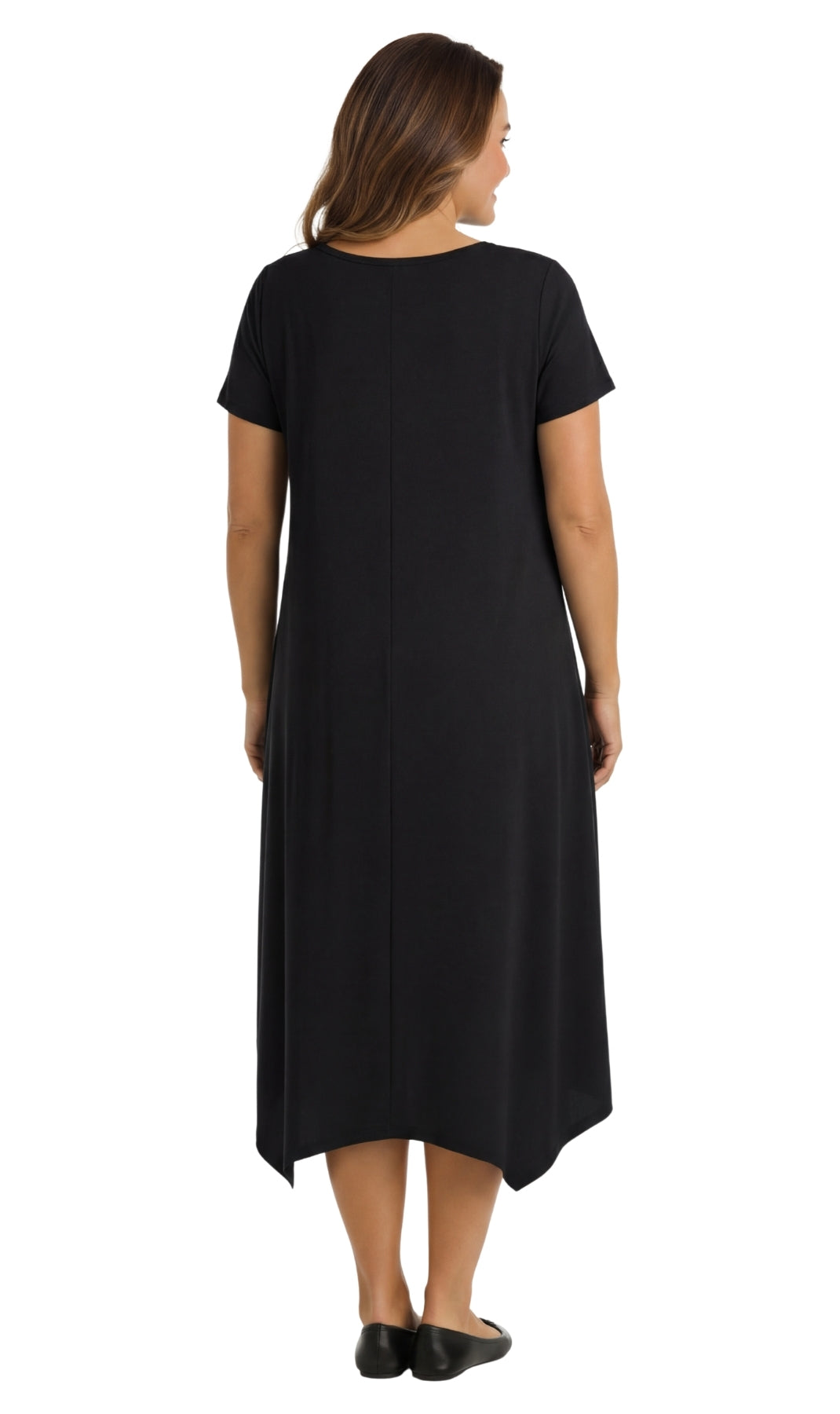 Women's Short Sleeve A-Line Midi Knit Dress with Asymmetrical Hem