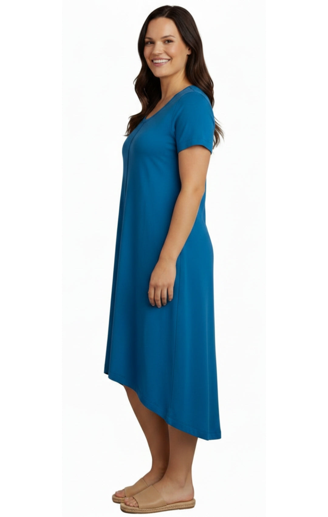 Women's Short Sleeve A-Line Midi Knit Dress with Asymmetrical Hem