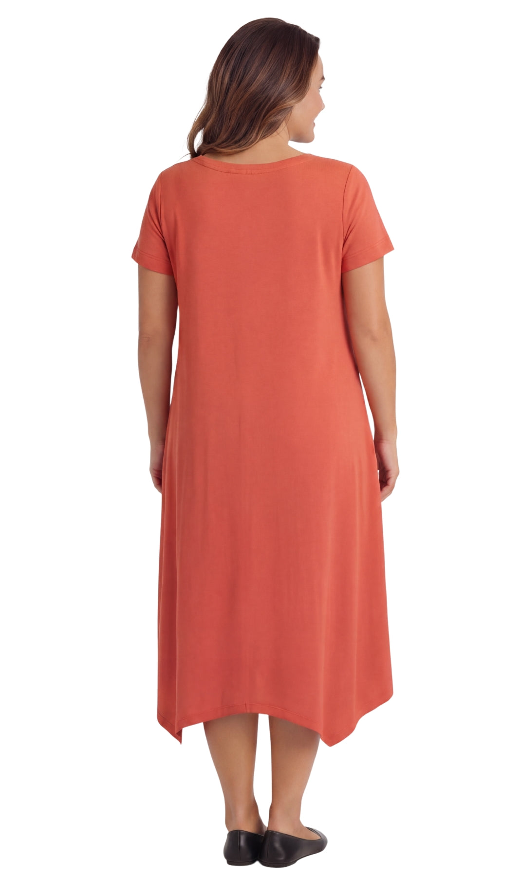 Women's Short Sleeve A-Line Midi Knit Dress with Asymmetrical Hem
