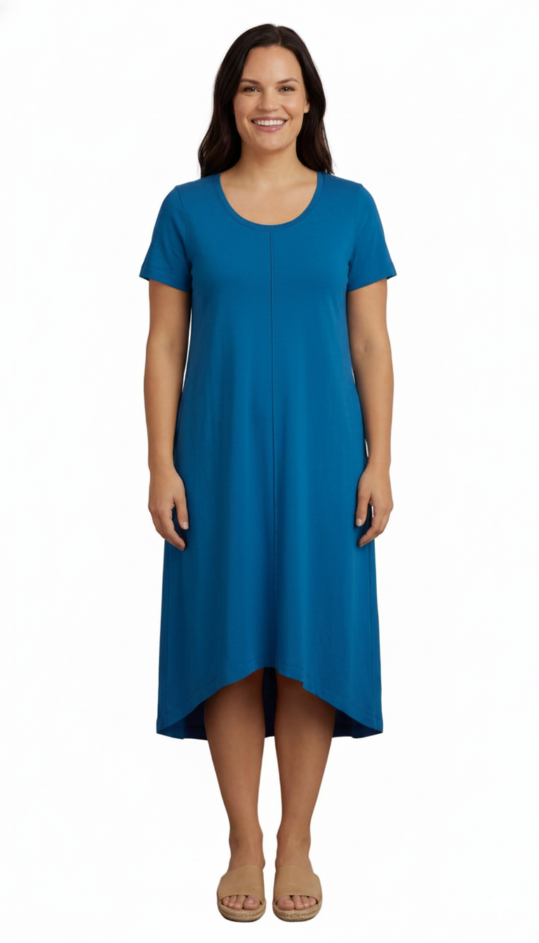 Women's Short Sleeve A-Line Midi Knit Dress with Asymmetrical Hem