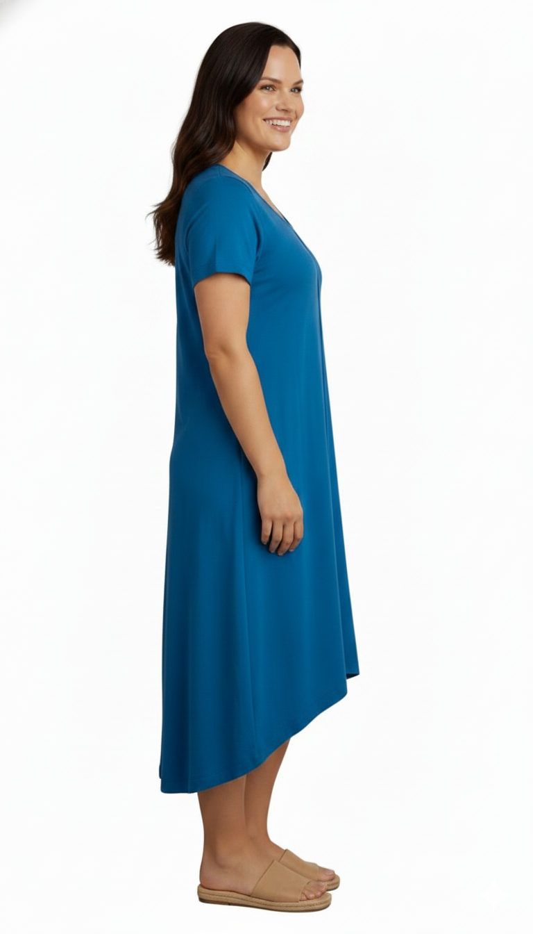 Women's Short Sleeve A-Line Midi Knit Dress with Asymmetrical Hem