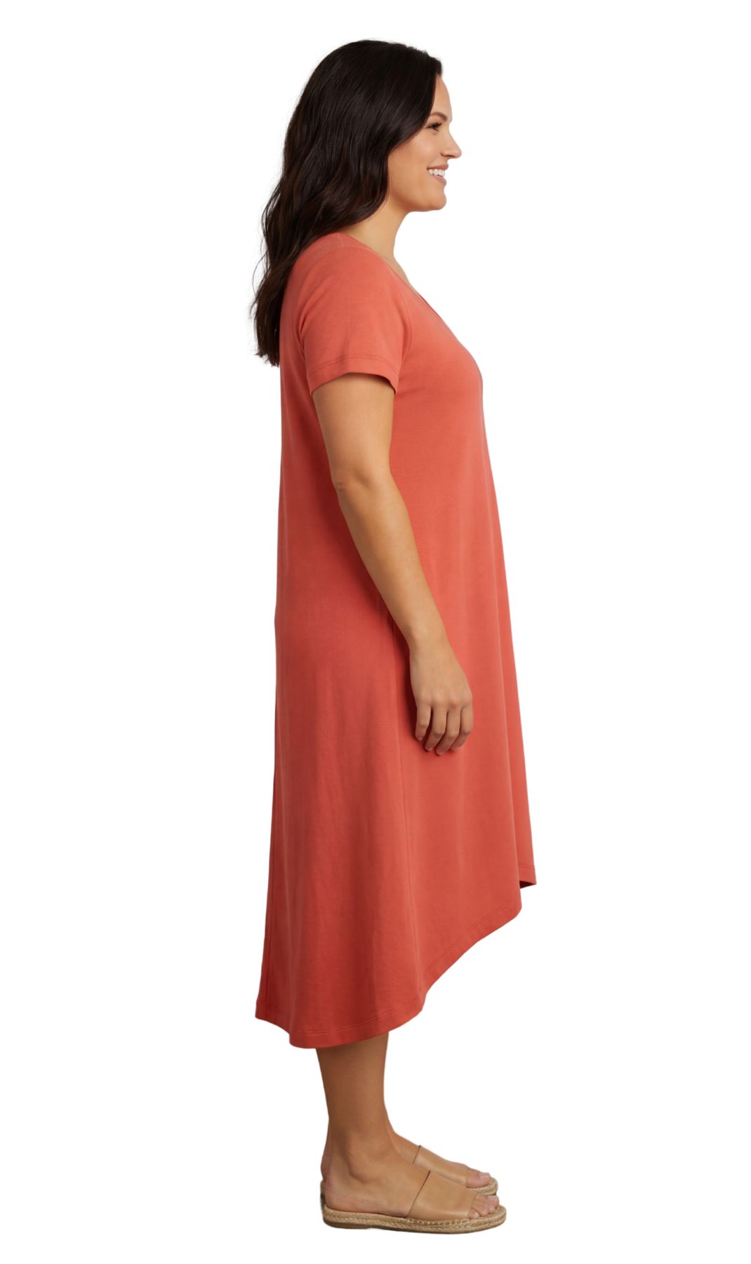 Women's Short Sleeve A-Line Midi Knit Dress with Asymmetrical Hem