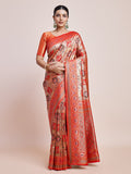 Scarlet red Dharmavaram silk saree with gold and silver zari woven borders