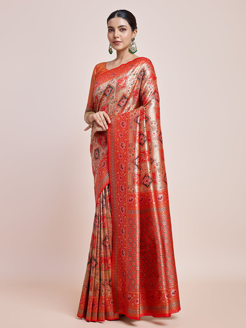 Scarlet Red Dharmavaram Silk Saree with Gold and Silver Zari Work