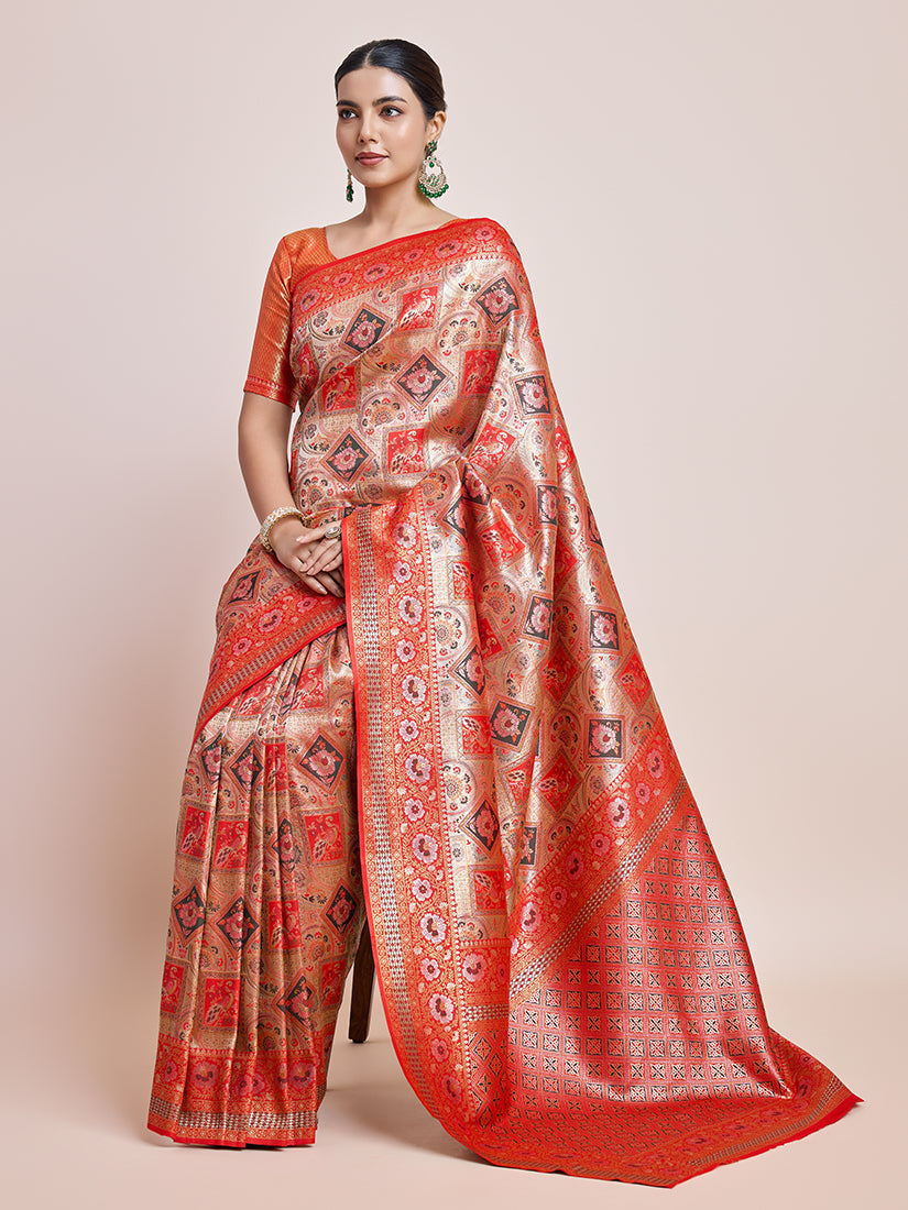 Scarlet Red Dharmavaram Silk Saree with Gold and Silver Zari Work