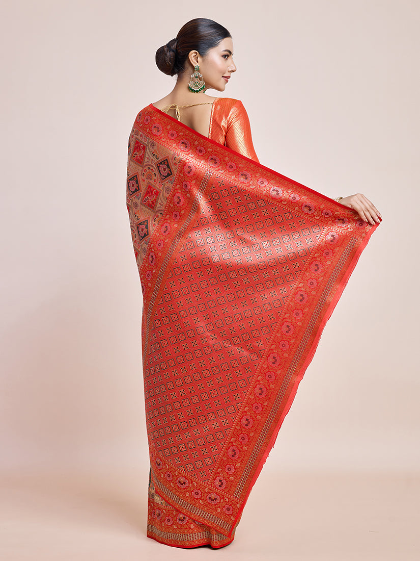 Scarlet Red Dharmavaram Silk Saree with Gold and Silver Zari Work