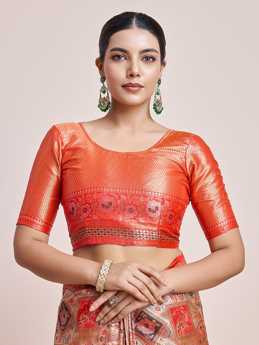 Scarlet Red Dharmavaram Silk Saree with Gold and Silver Zari Work