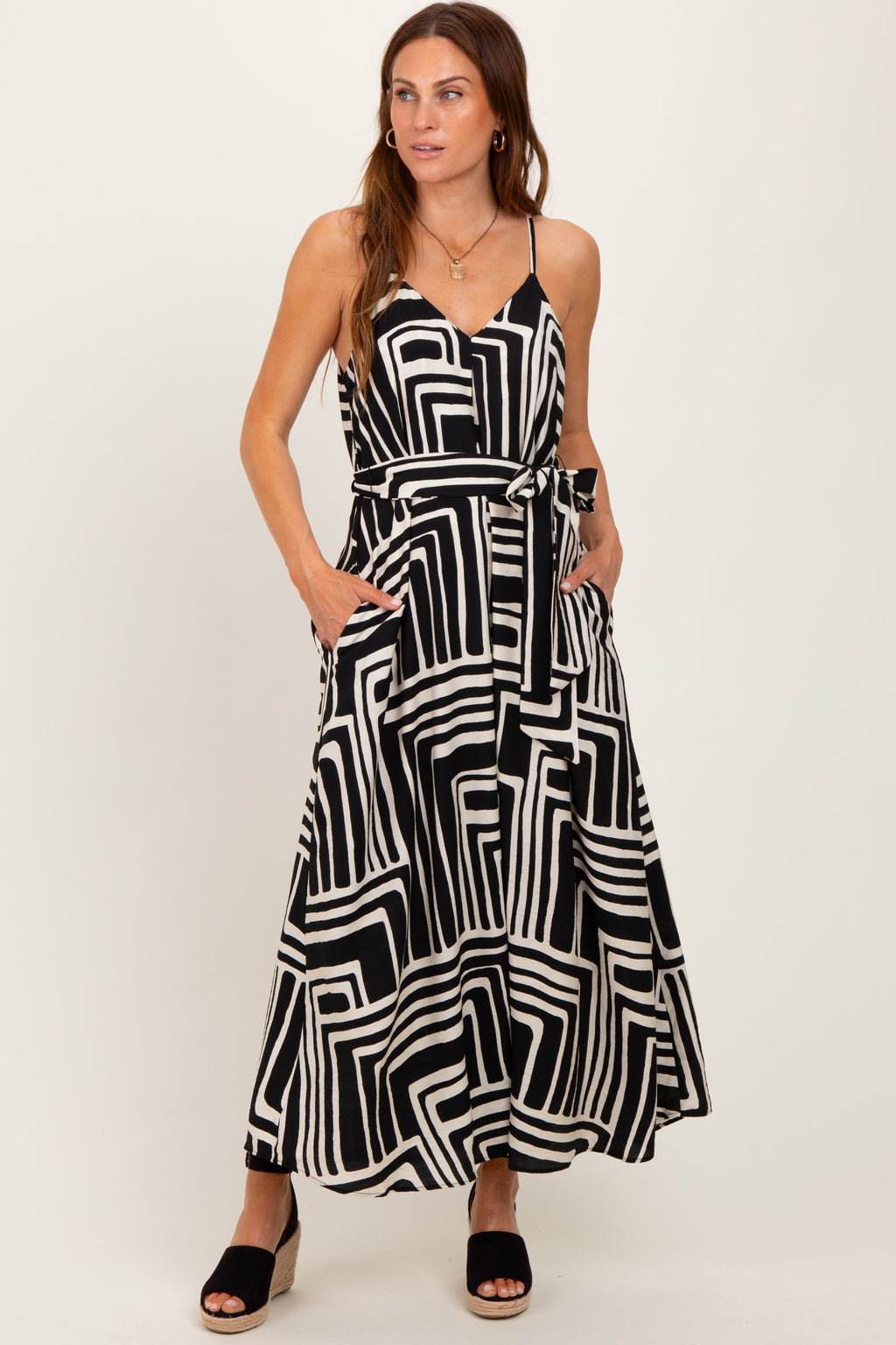 Black Geometric Print Sash Tie Maternity Maxi Dress