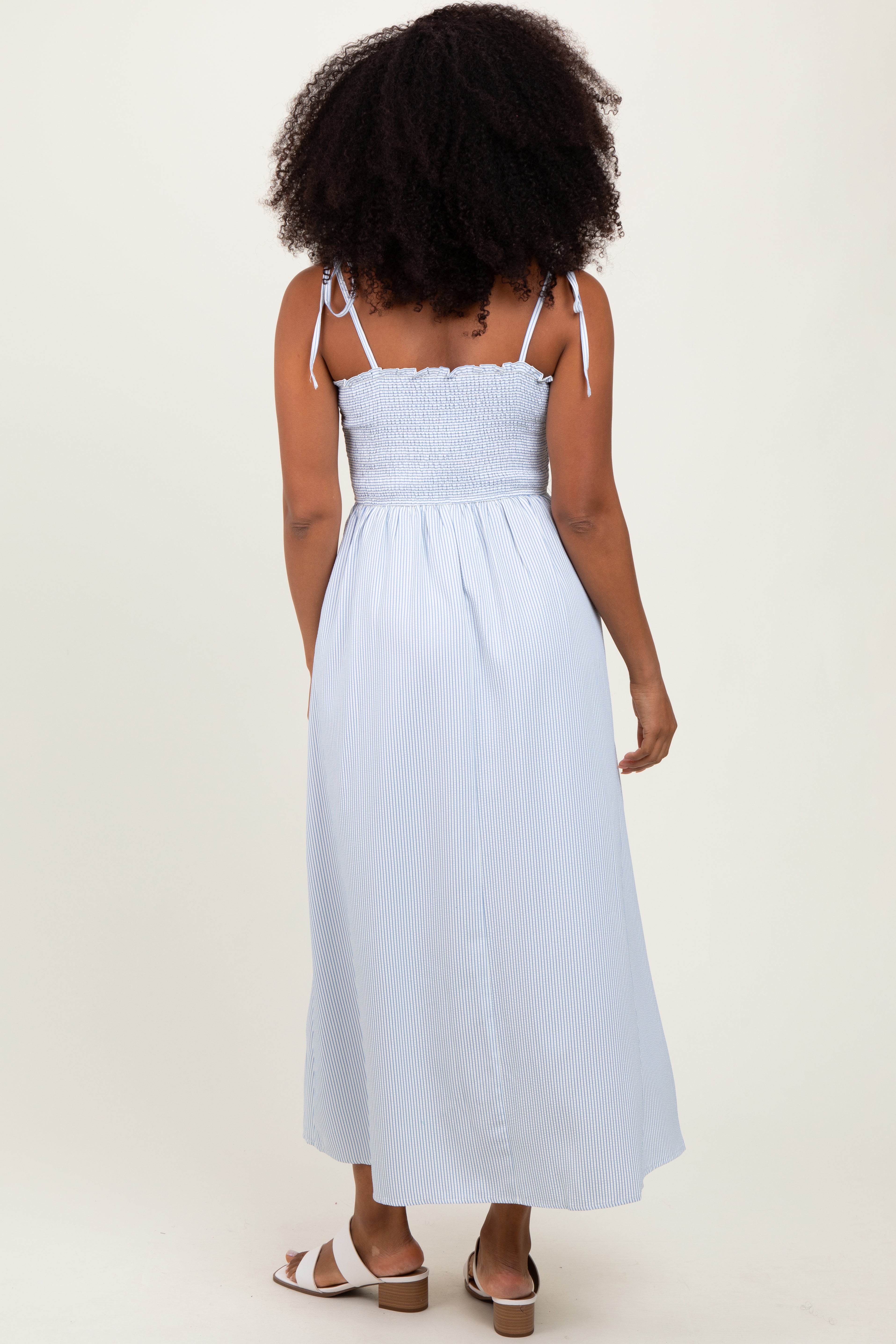 Blue Striped Shoulder Tie Smocked Maxi Dress