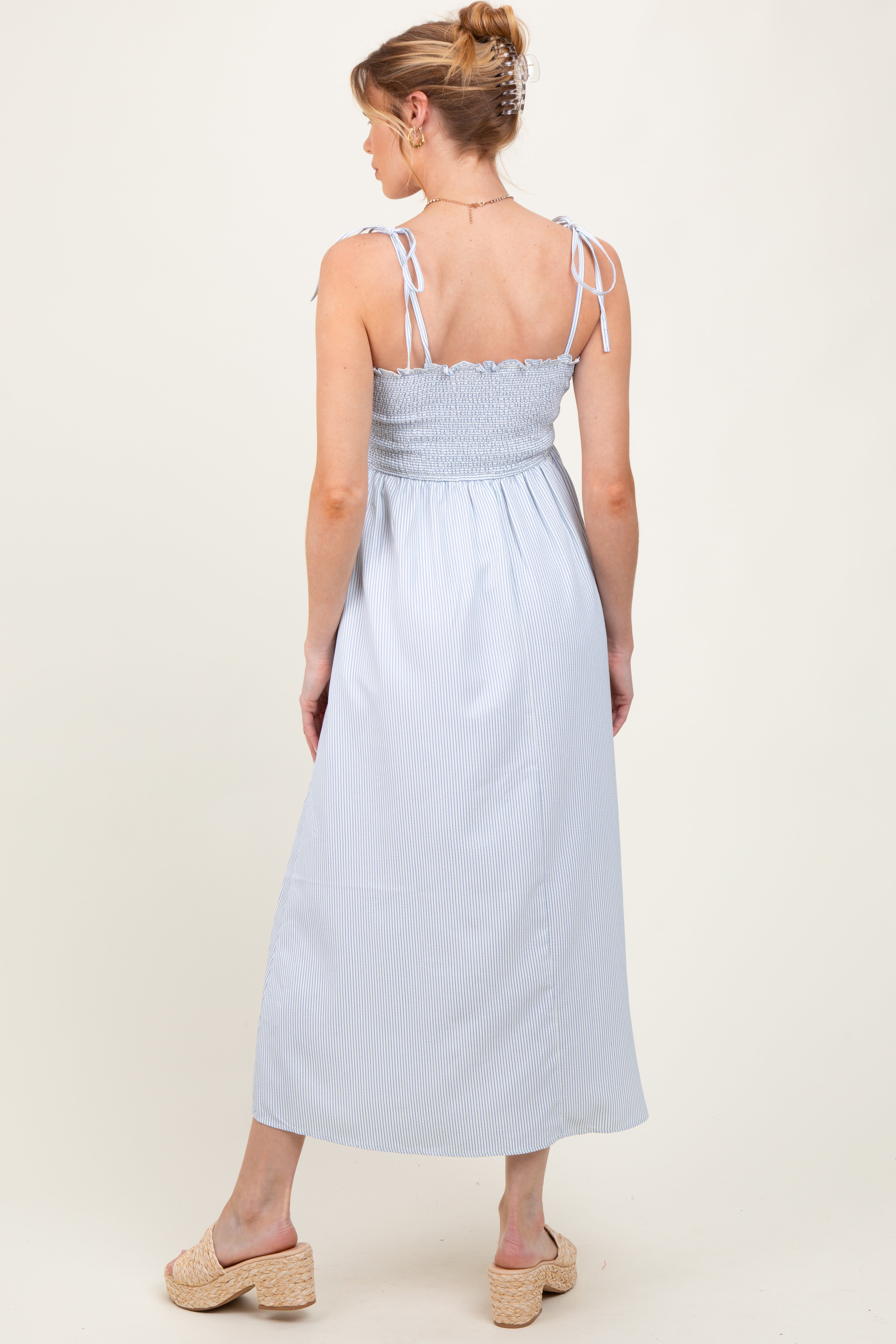 Blue Striped Shoulder Tie Smocked Maternity Maxi Dress