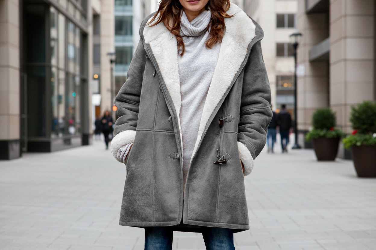 Sherpa-Lined Duffle Toggle Jacket with Hood — Warm Hooded Fleece Coat