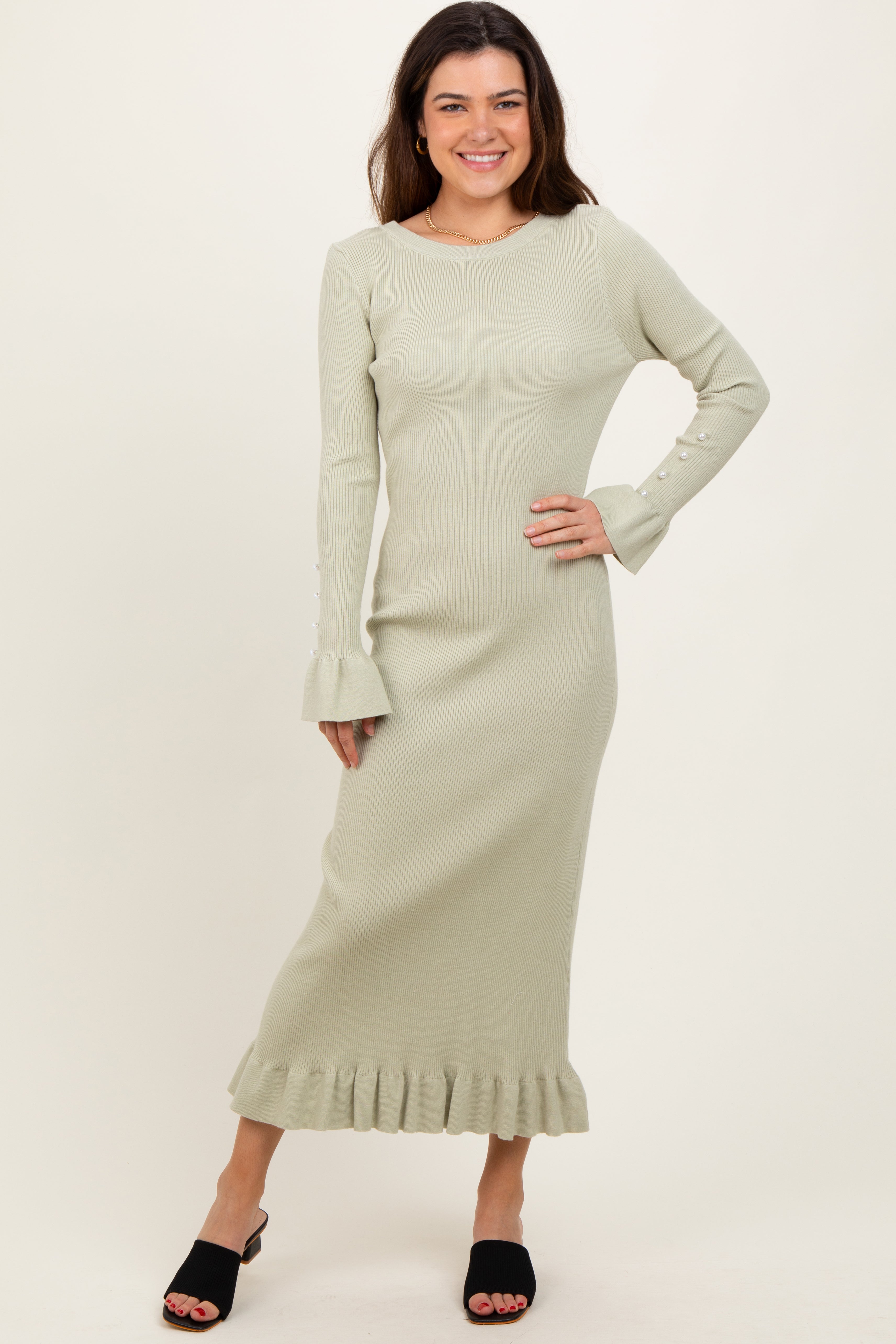 Light Olive Ribbed Knit Bow Back Maternity Maxi Dress