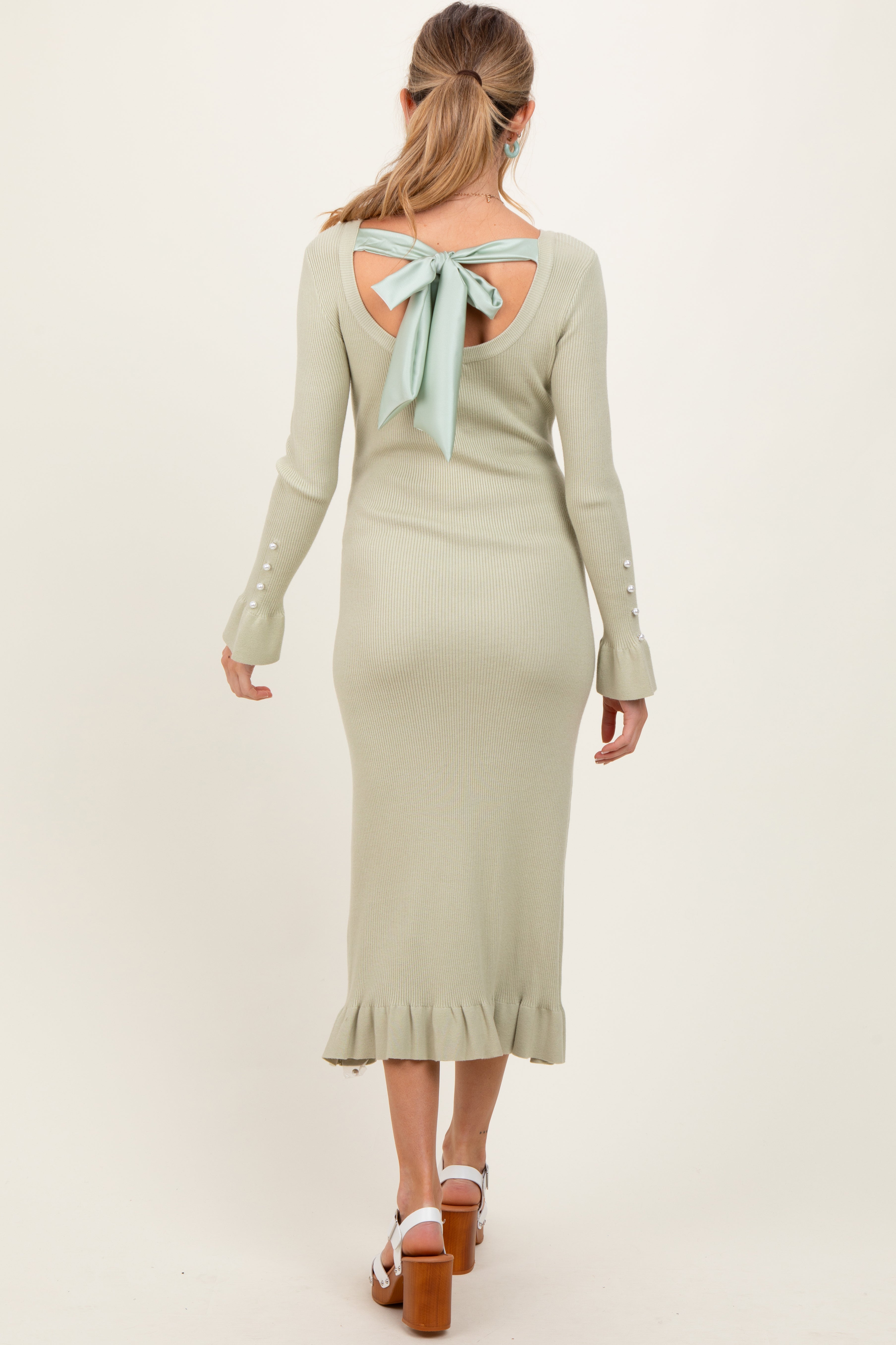 Light Olive Ribbed Knit Bow Back Maternity Maxi Dress