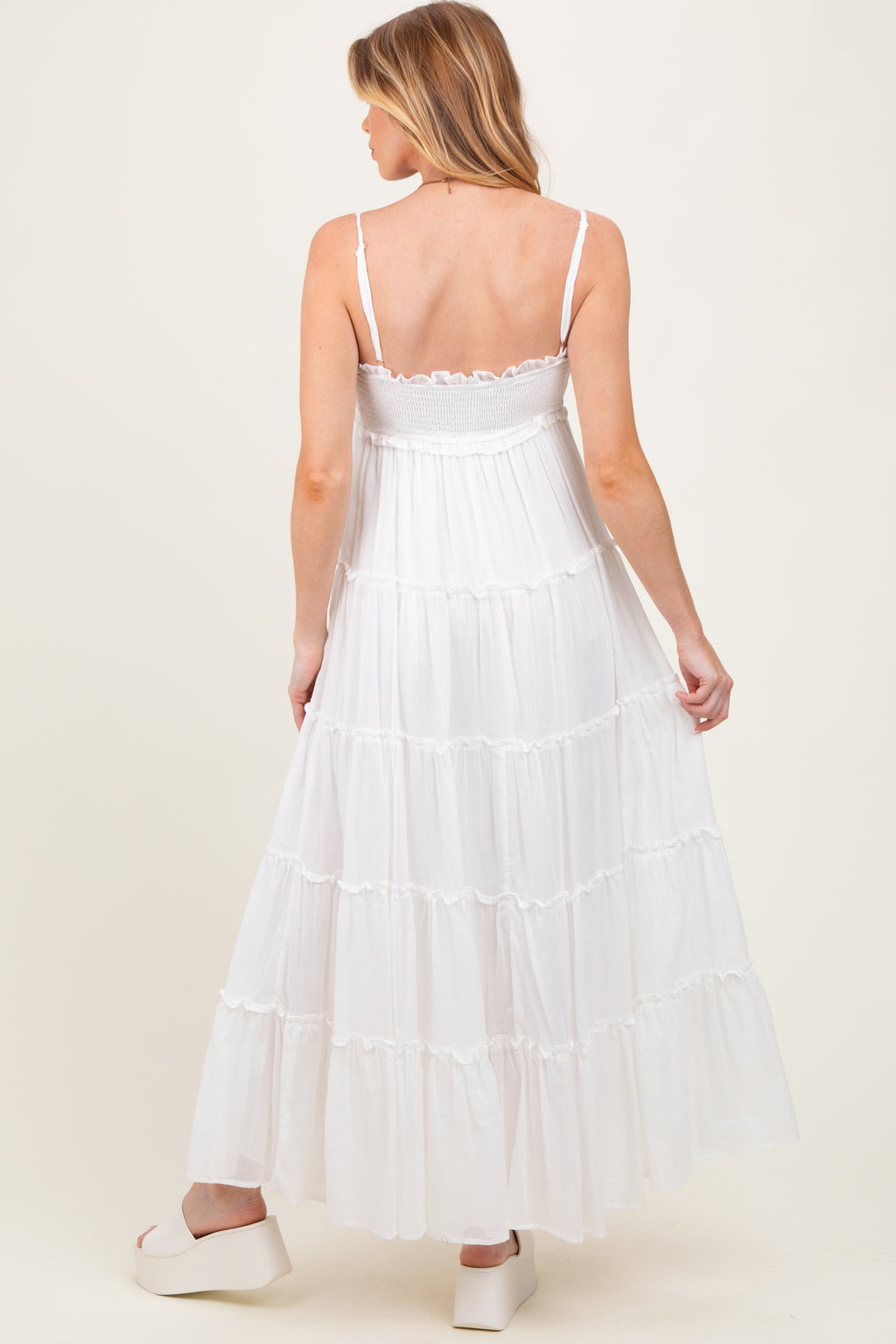 White Shirred Bust Ruffle Tiered Maternity Maxi Dress