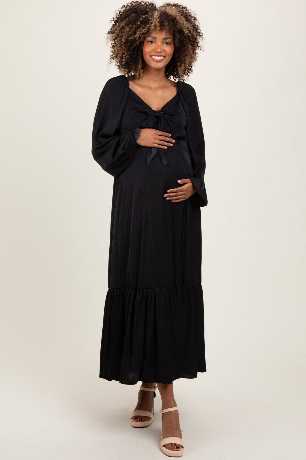 Black Bow Satin Maternity Maxi Dress