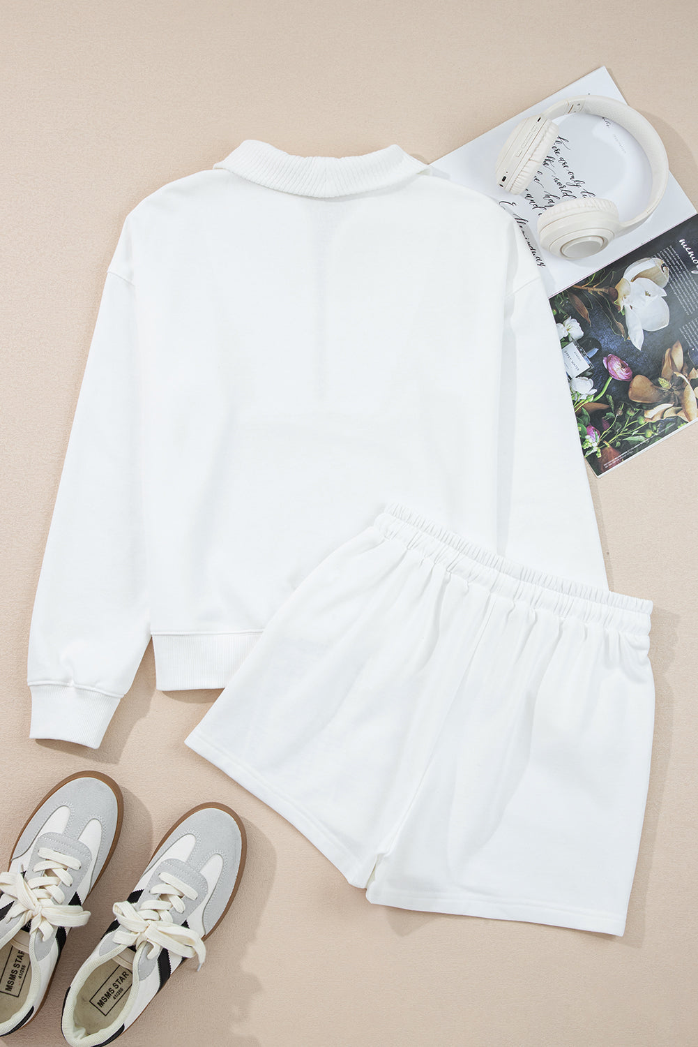 White Ribbed Collar Drop Shoulder Sweatshirt & Shorts Set