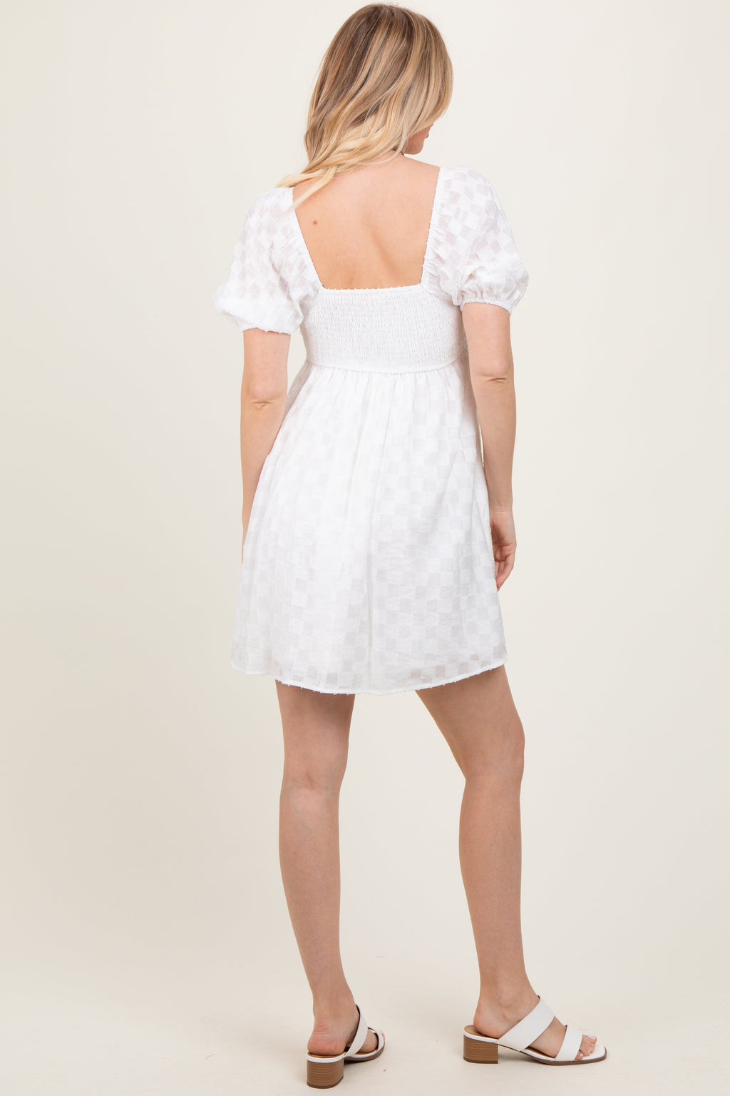 White Textured Babydoll Mini Dress with Smocked Back