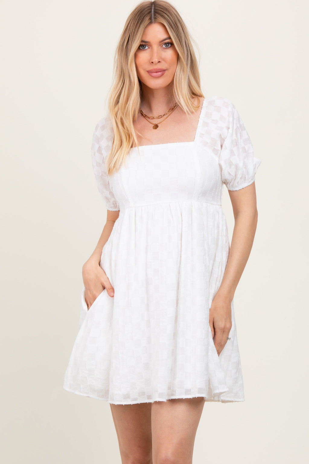 White Textured Babydoll Mini Dress with Smocked Back