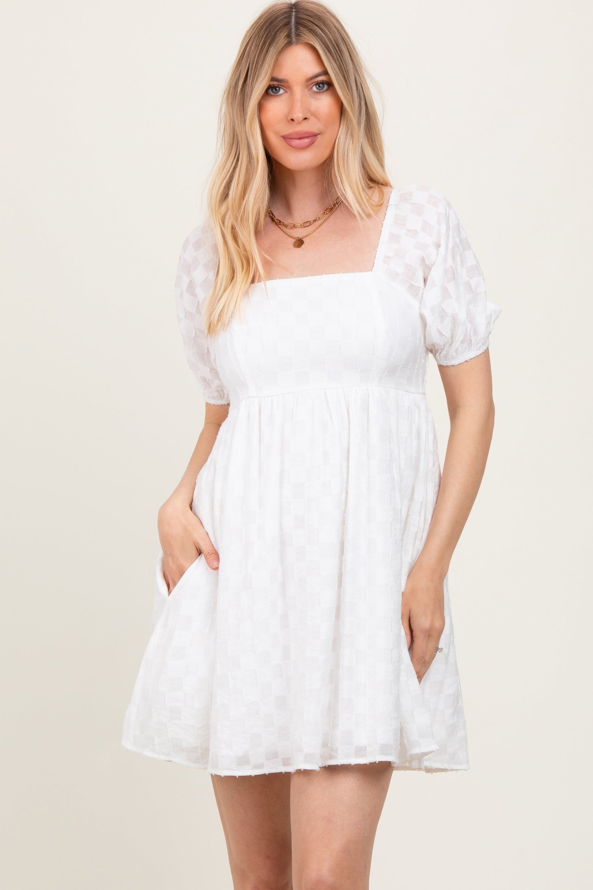 White Textured Babydoll Mini Dress with Smocked Back
